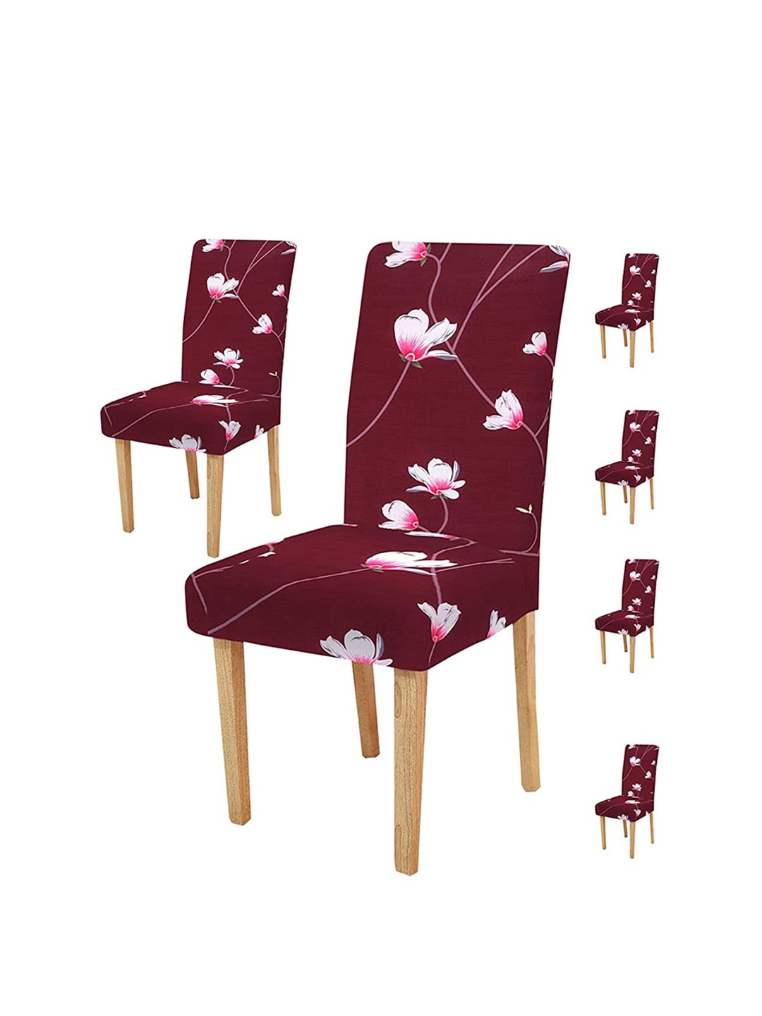 

HOUSE OF QUIRK Maroon & White 6 Pieces Floral Printed Chair Covers