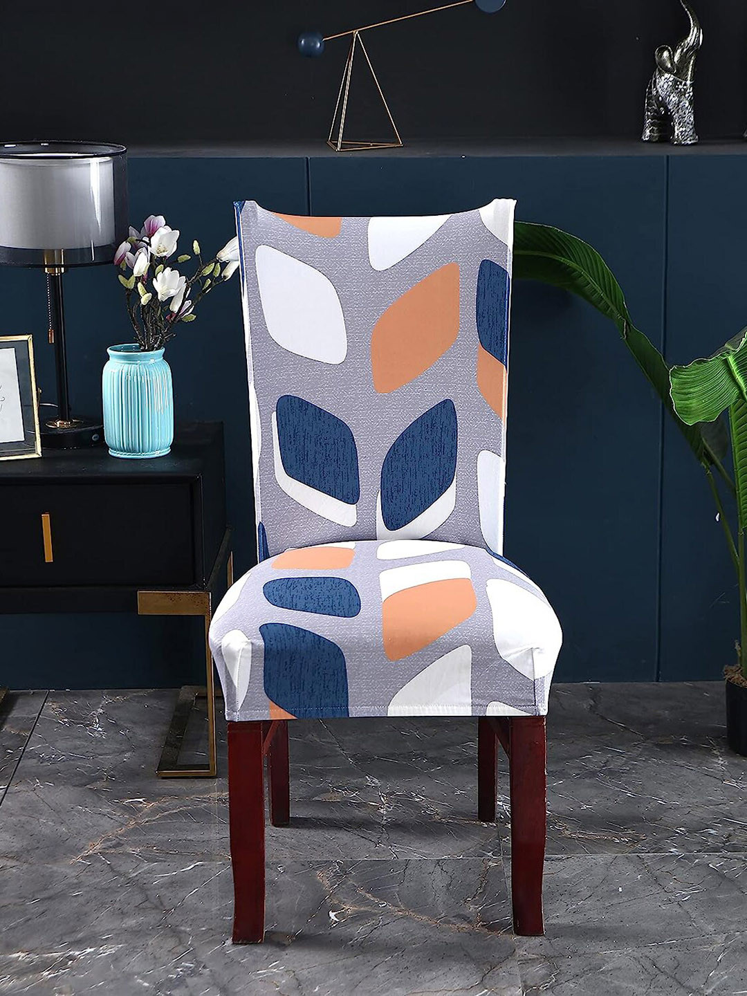

HOUSE OF QUIRK Grey & Blue 4 Pieces Printed Chair Covers