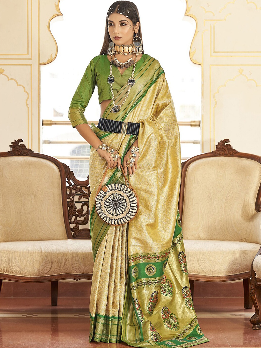 

Mitera Yellow & Green Woven Design Zari Saree