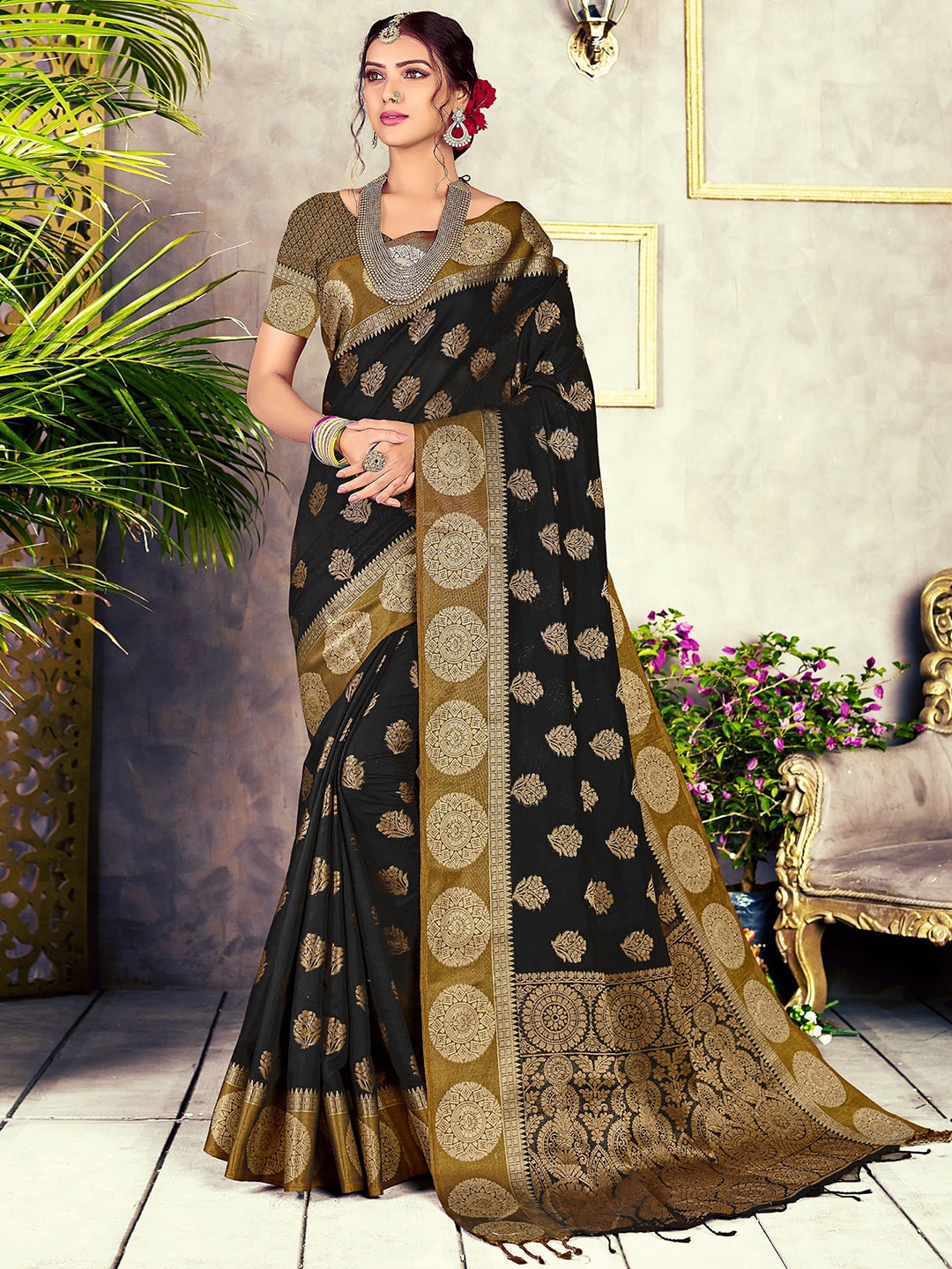 

Mitera Black & Brown Ethnic Motifs Woven Design Zari Banarasi Saree