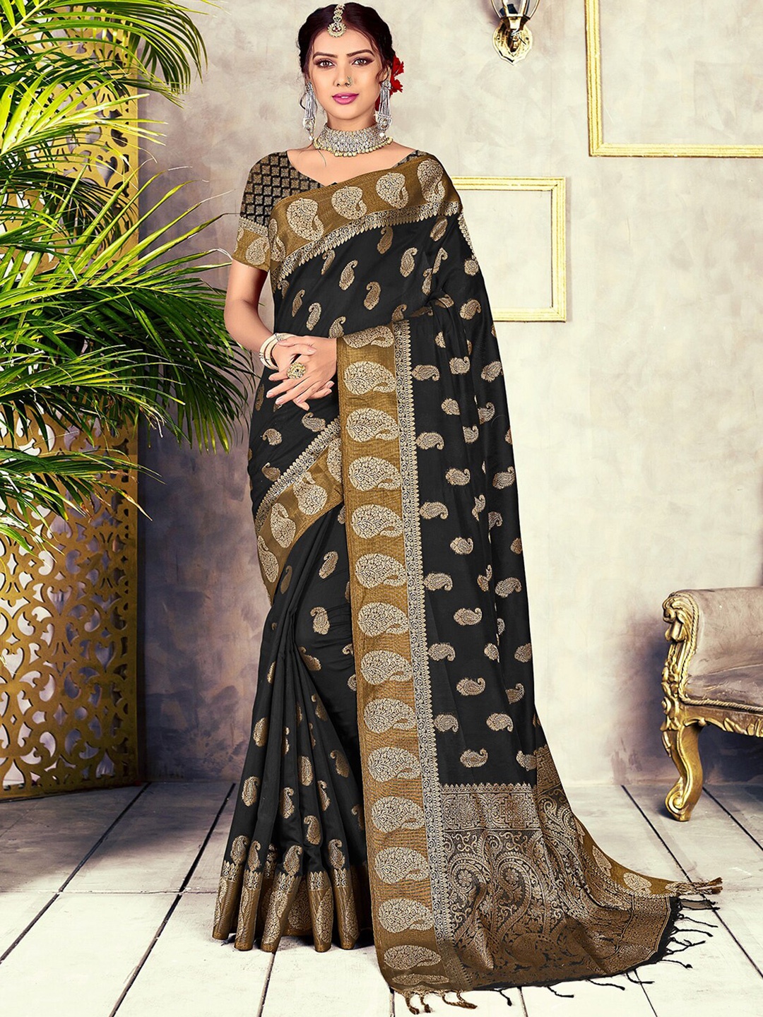 

Mitera Black & Oilve Green Ethnic Motifs Woven Design Zari Banarasi Saree