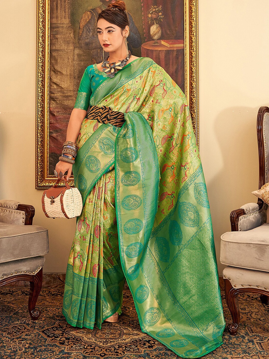 

Mitera Green & Red Ethnic Motifs Woven Design Zari Paithani Saree