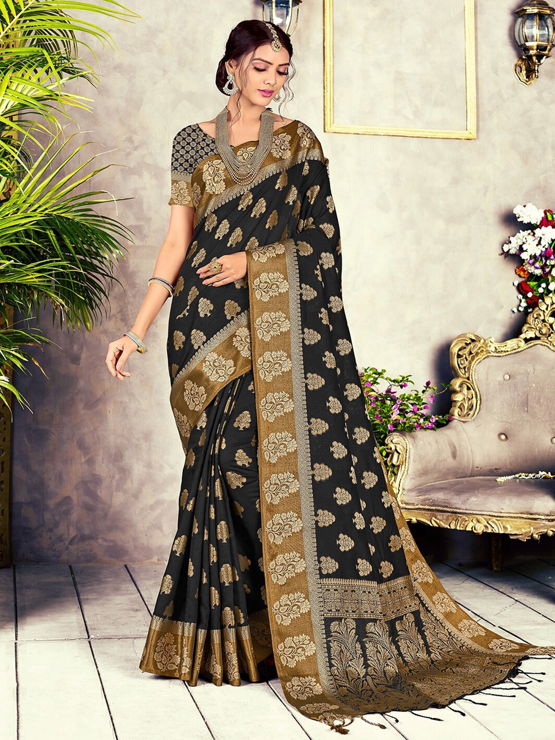

Mitera Black & Brown Ethnic Motifs Woven Design Zari Banarasi Saree