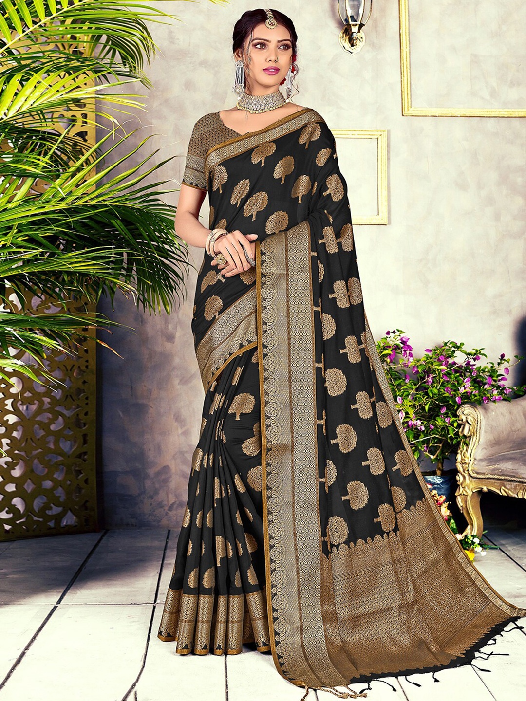 

Mitera Black & Brown Ethnic Motifs Woven Design Zari Banarasi Jacquard Saree