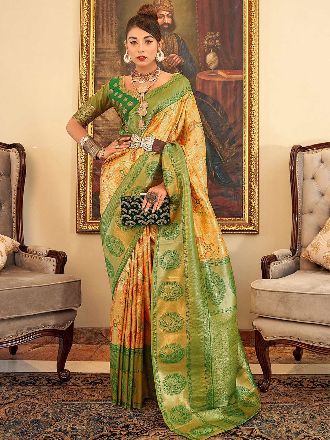 

Mitera Yellow & Green Ethnic Motifs Woven Design Zari Jacquard Paithani Saree