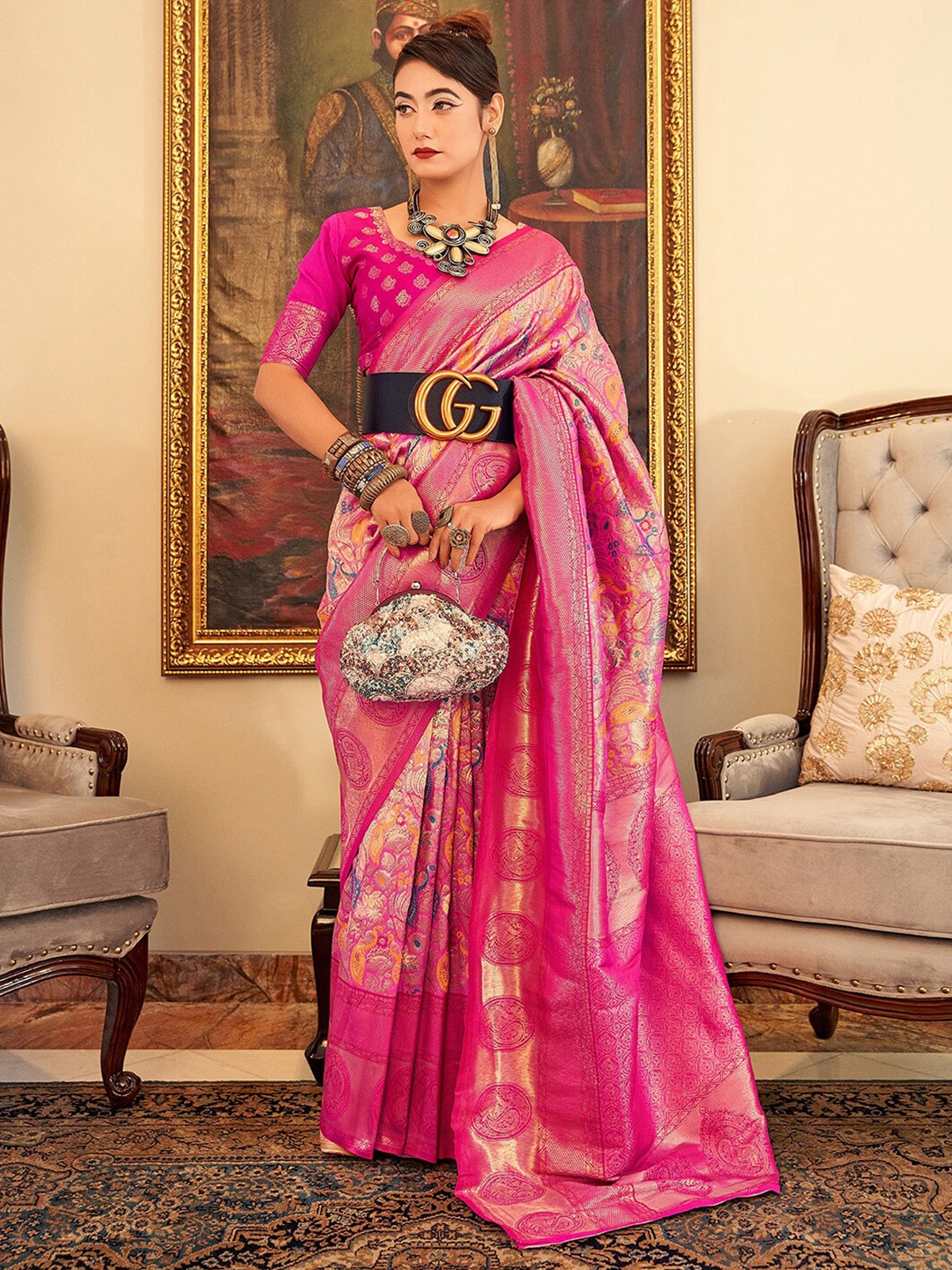 

Mitera Pink & Blue Floral Woven Design Zari Art Silk Paithani Saree
