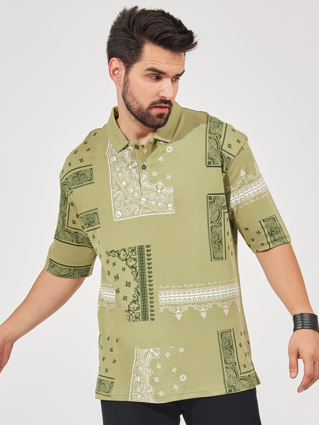 Maniac Ethnic Printed Polo Collar Oversized Cotton T-shirt, Green