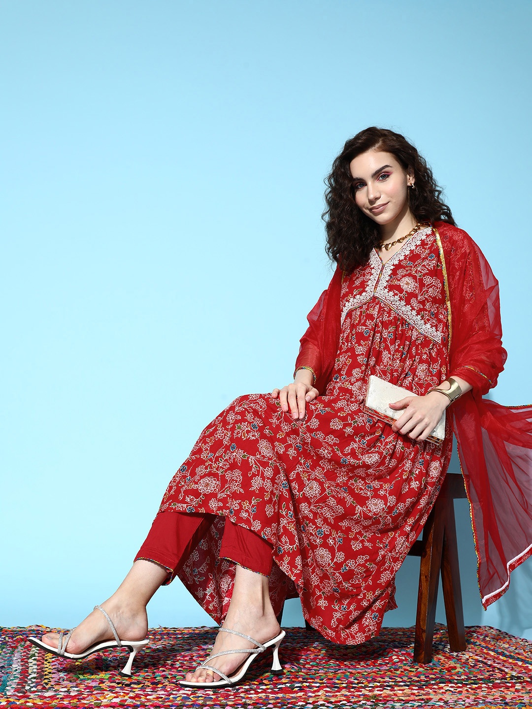 

Sangria Floral Printed Empire Sequinned Kurta with Trousers & Dupatta, Red