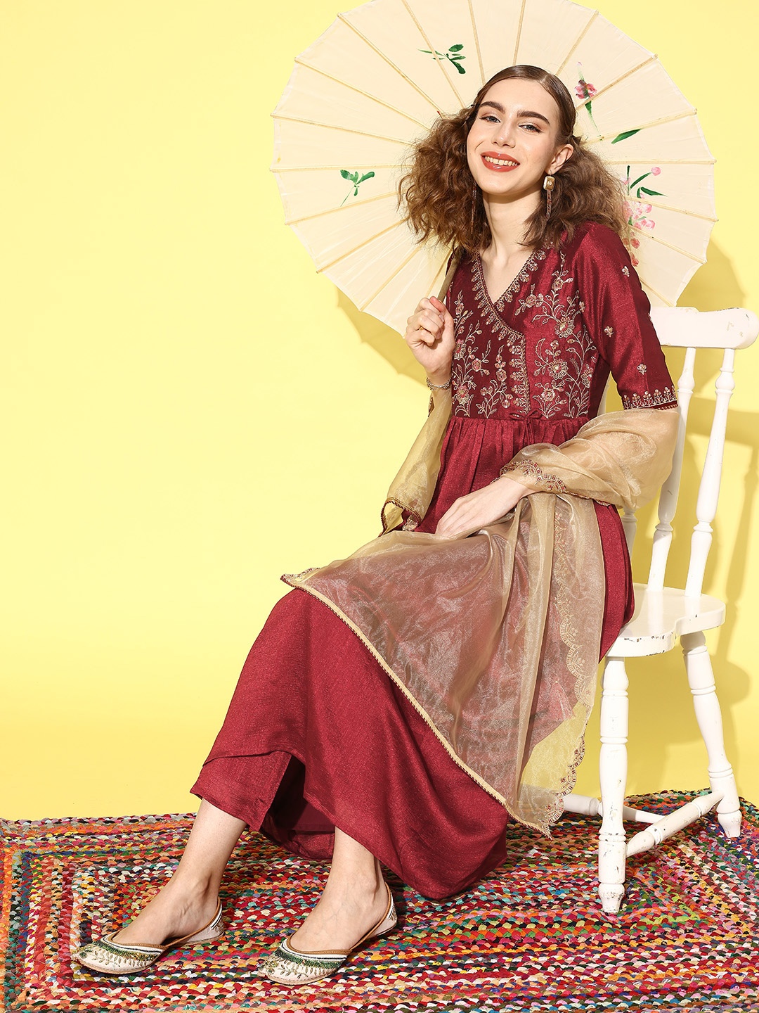 

Sangria Women Floral Embroidered Angrakha Kurta with Trousers & With Dupatta, Maroon