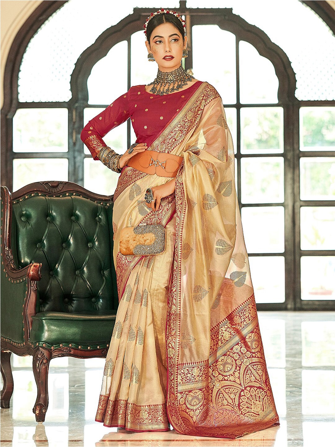 

Mitera Beige & Maroon Ethnic Motifs Woven Design Zari Organza Saree
