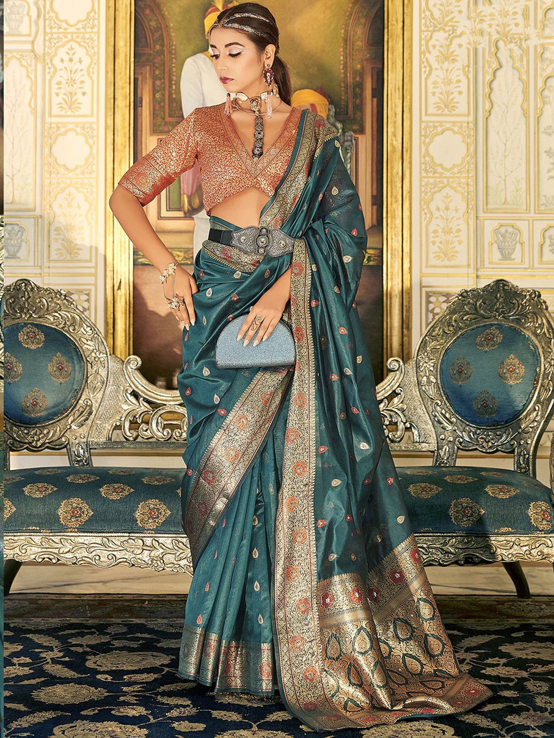 

Mitera Teal & Gold-Toned Ethnic Motifs Woven Design Zari Organza Banarasi Saree