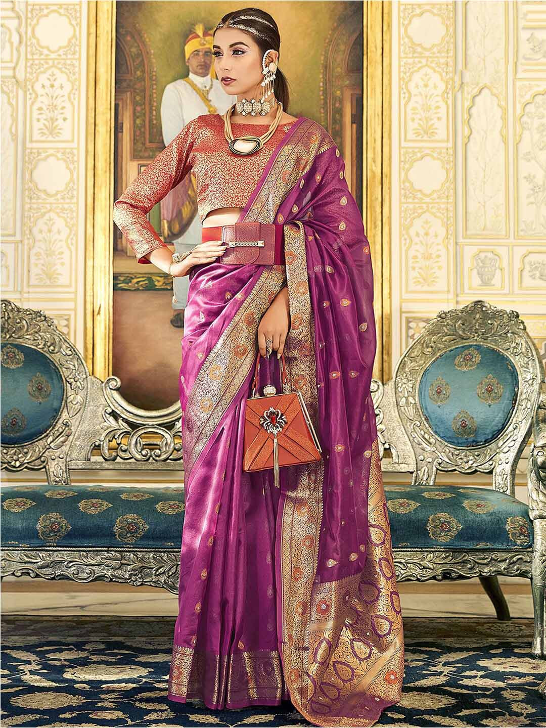 

Mitera Purple & Gold-Toned Ethnic Motifs Woven Design Zari Organza Banarasi Saree