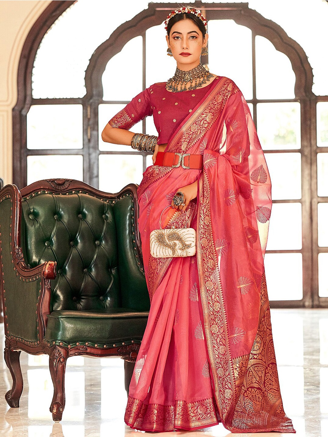 

Mitera Pink & Gold-Toned Ethnic Motifs Woven Design Zari Organza Saree