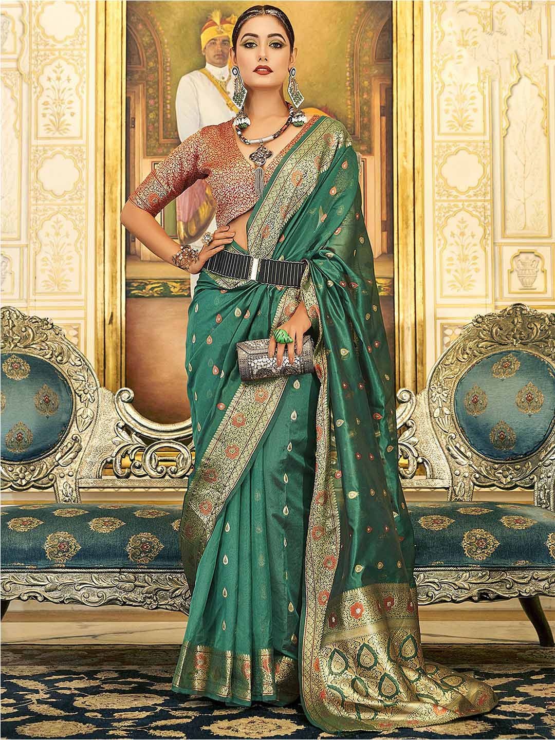 

Mitera Green & Gold-Toned Ethnic Motifs Woven Design Zari Organza Banarasi Saree