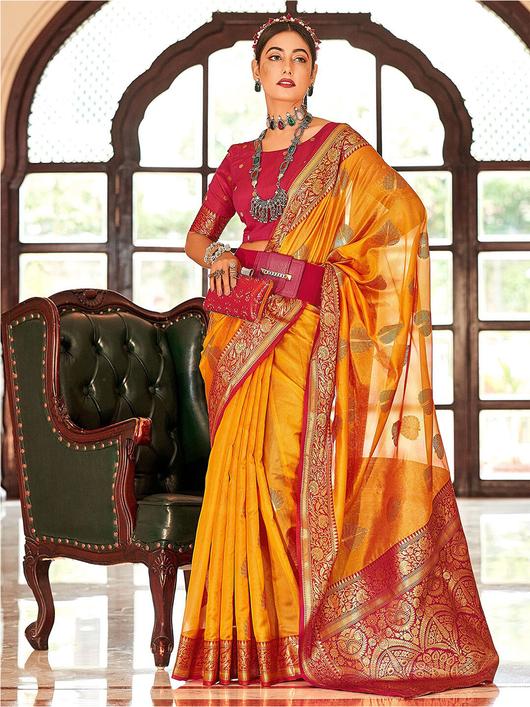 

Mitera Woven Design Zari Organza Saree, Yellow