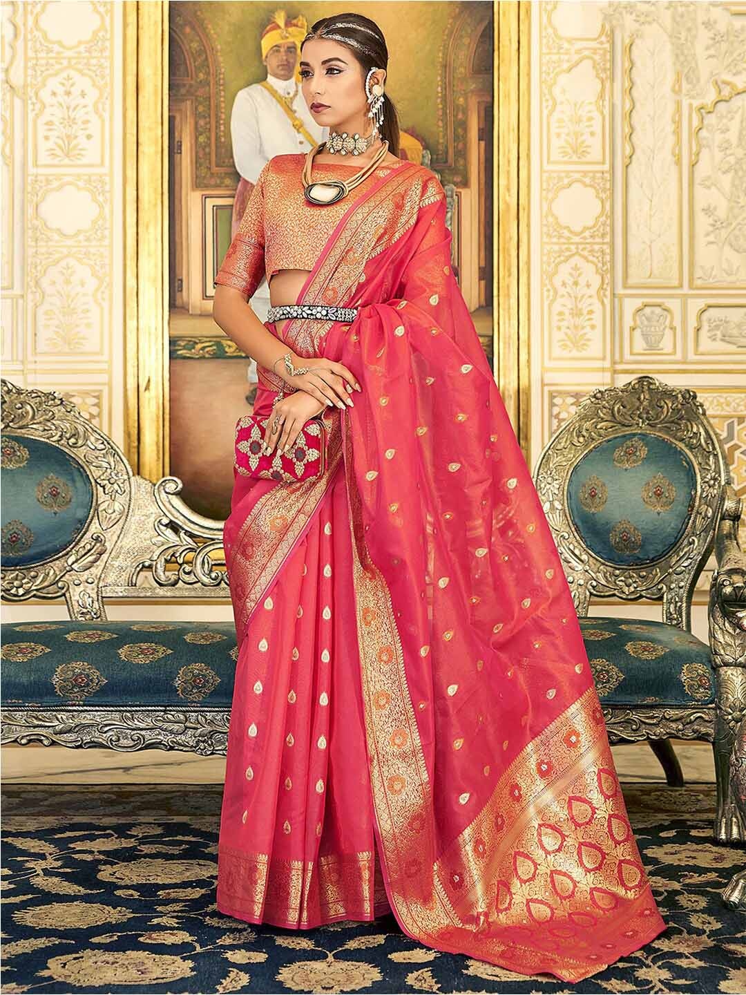 

Mitera Red & Gold-Toned Ethnic Motifs Woven Design Zari Organza Banarasi Saree