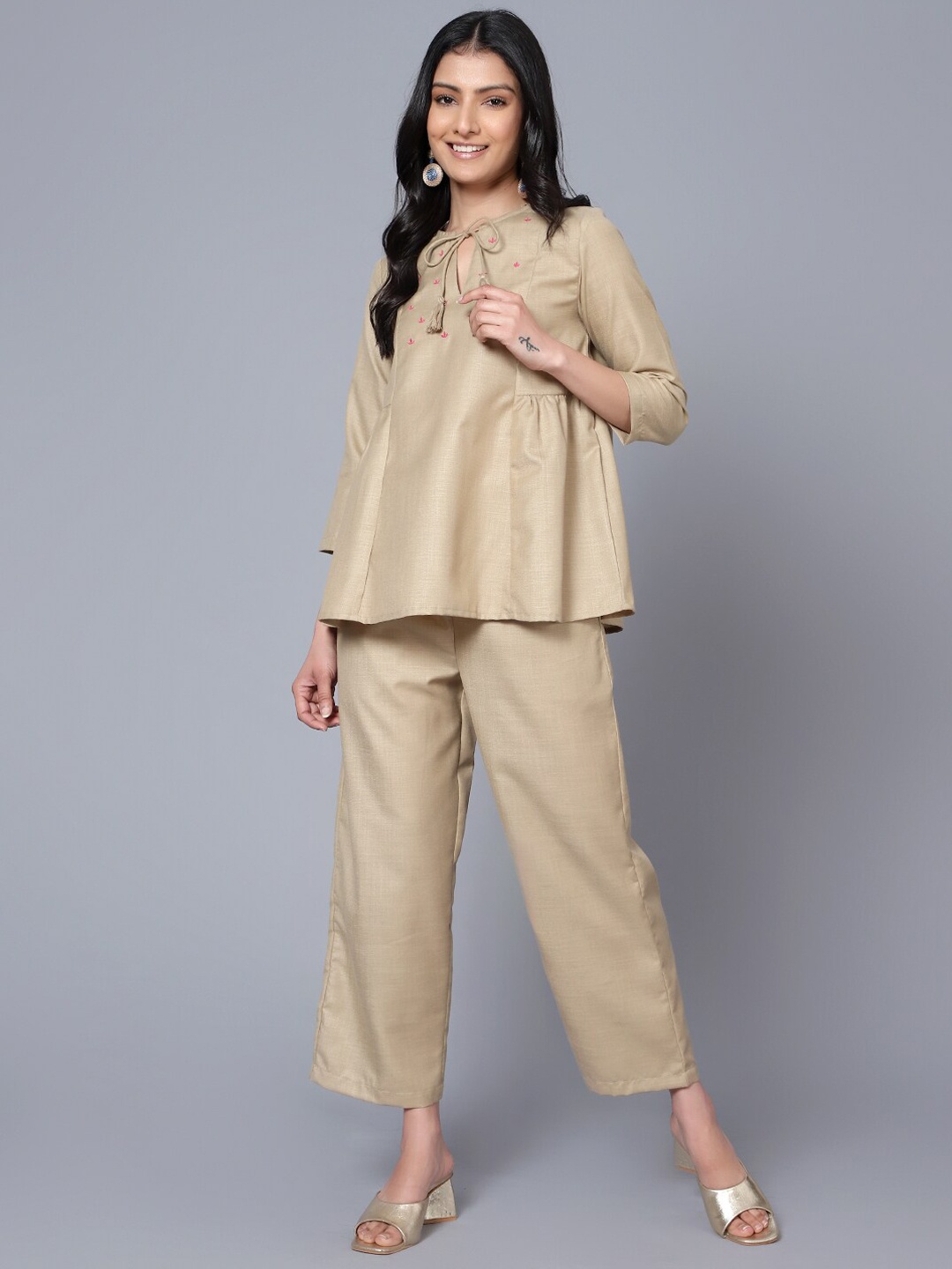 

Bani Women Embroidered Tie-Up Neck Ethnic Top With Trousers, Beige