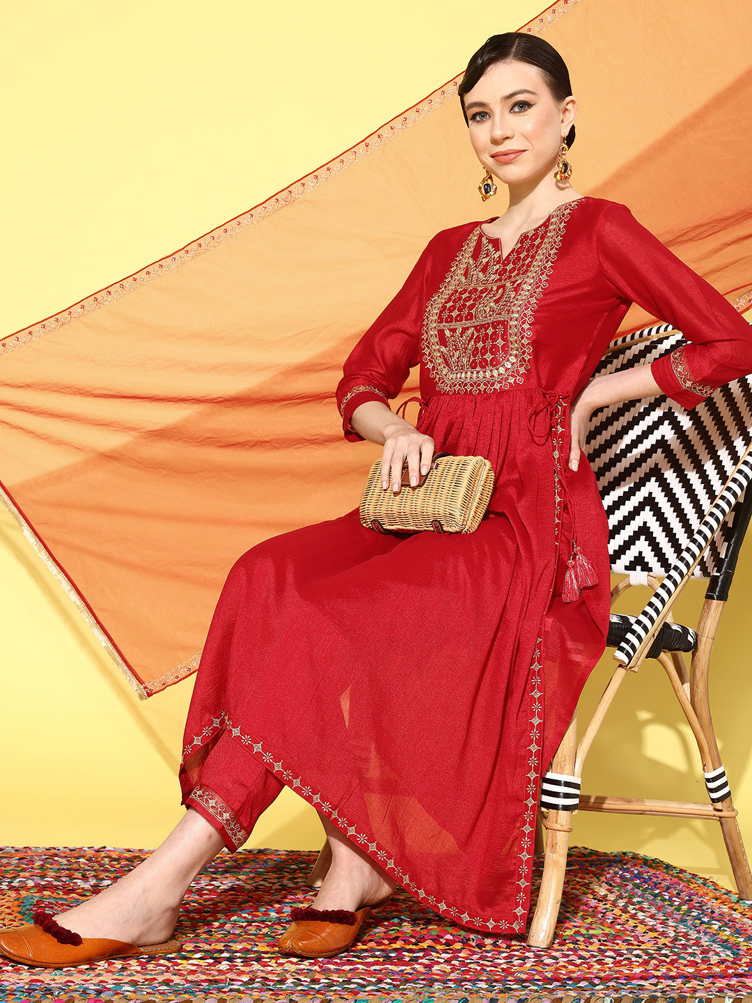 

Sangria Women Floral Embroidered Regular Gotta Patti Kurta with Trousers & With Dupatta, Red