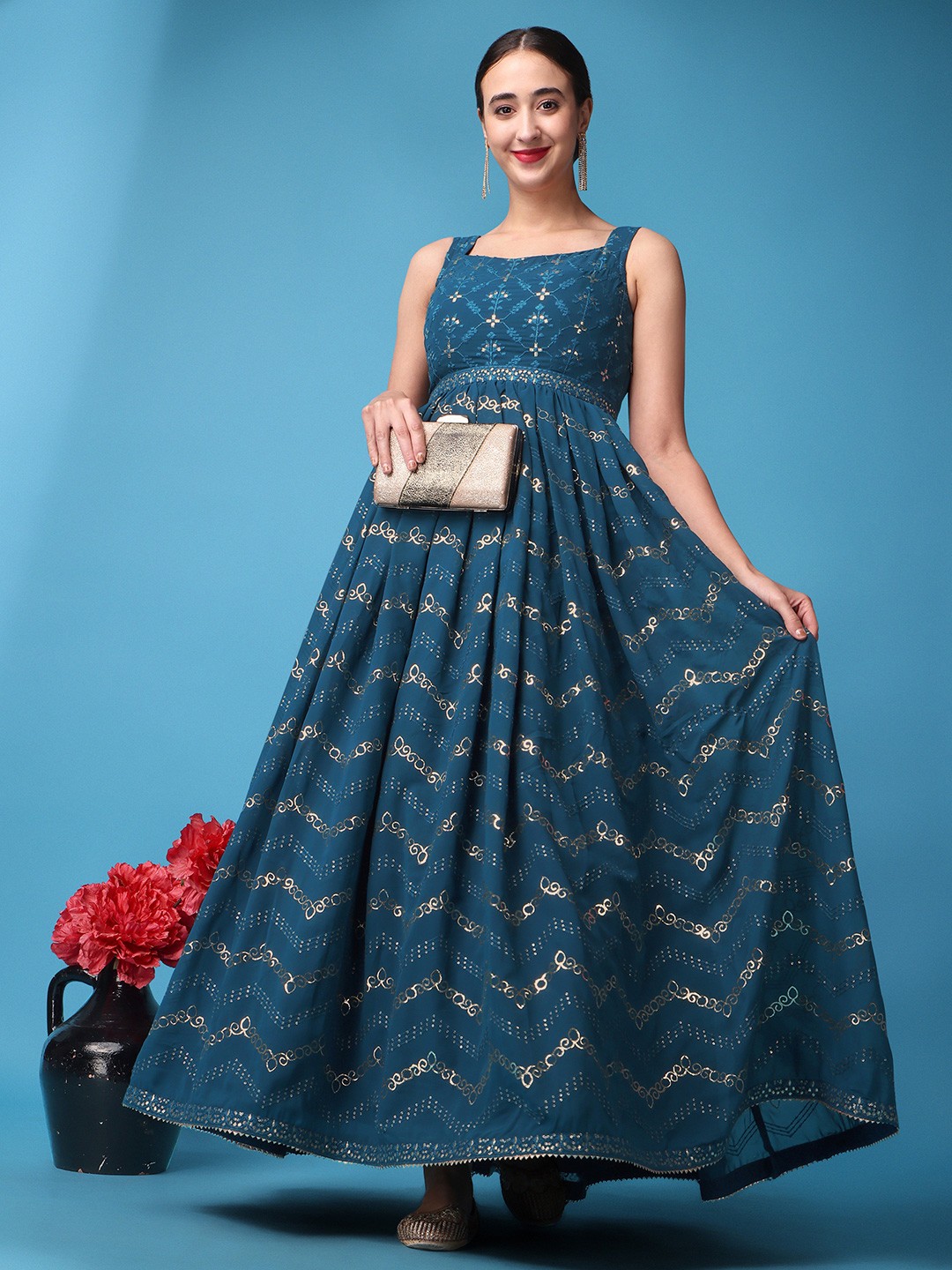 

ASPORA Ethnic Motifs Printed Embroidered Detailed Fit & Flare Maxi Ethnic Dress, Teal