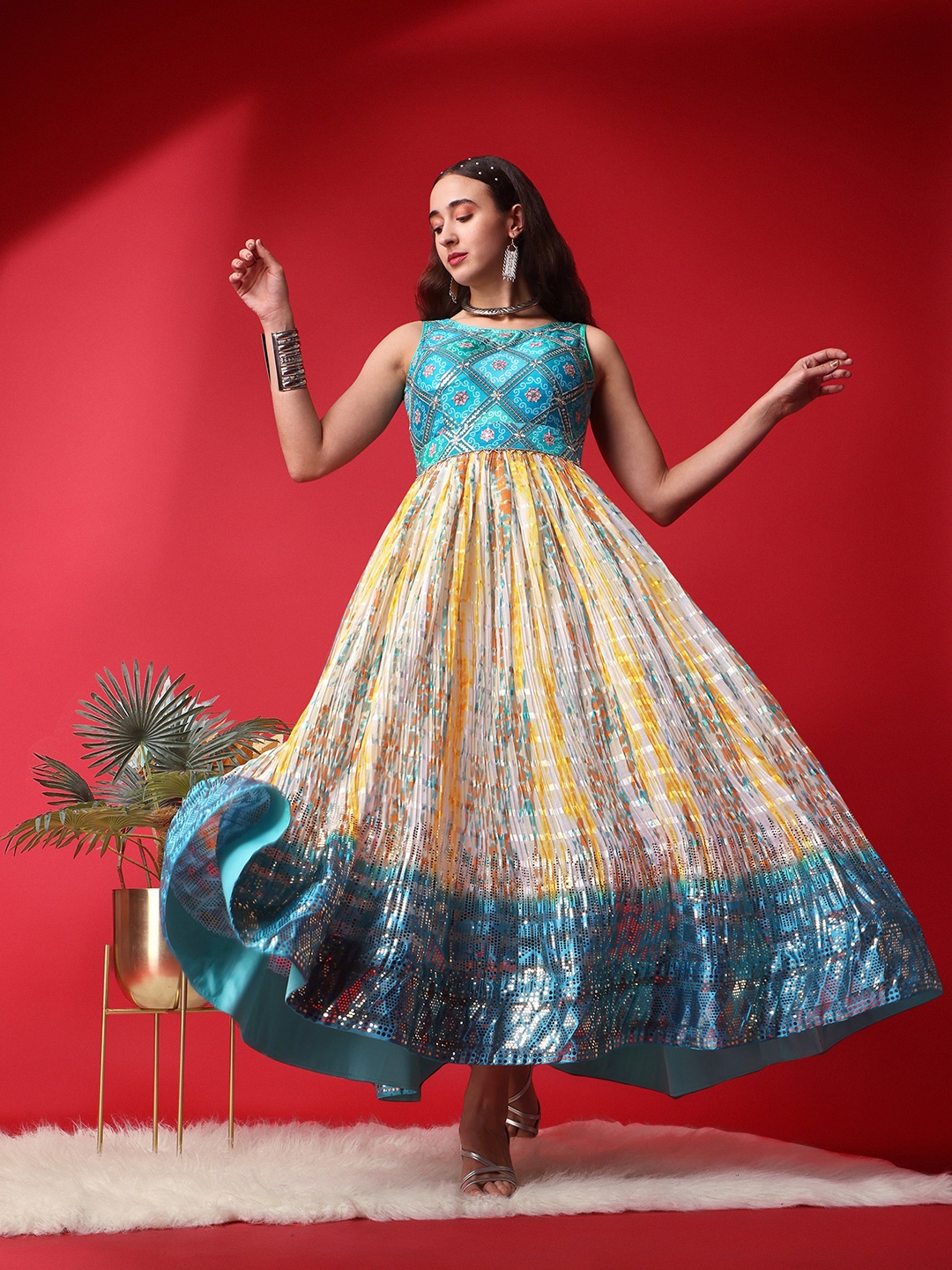 

ASPORA Embellished Round Neck Fit & Flare Maxi Dress, Yellow