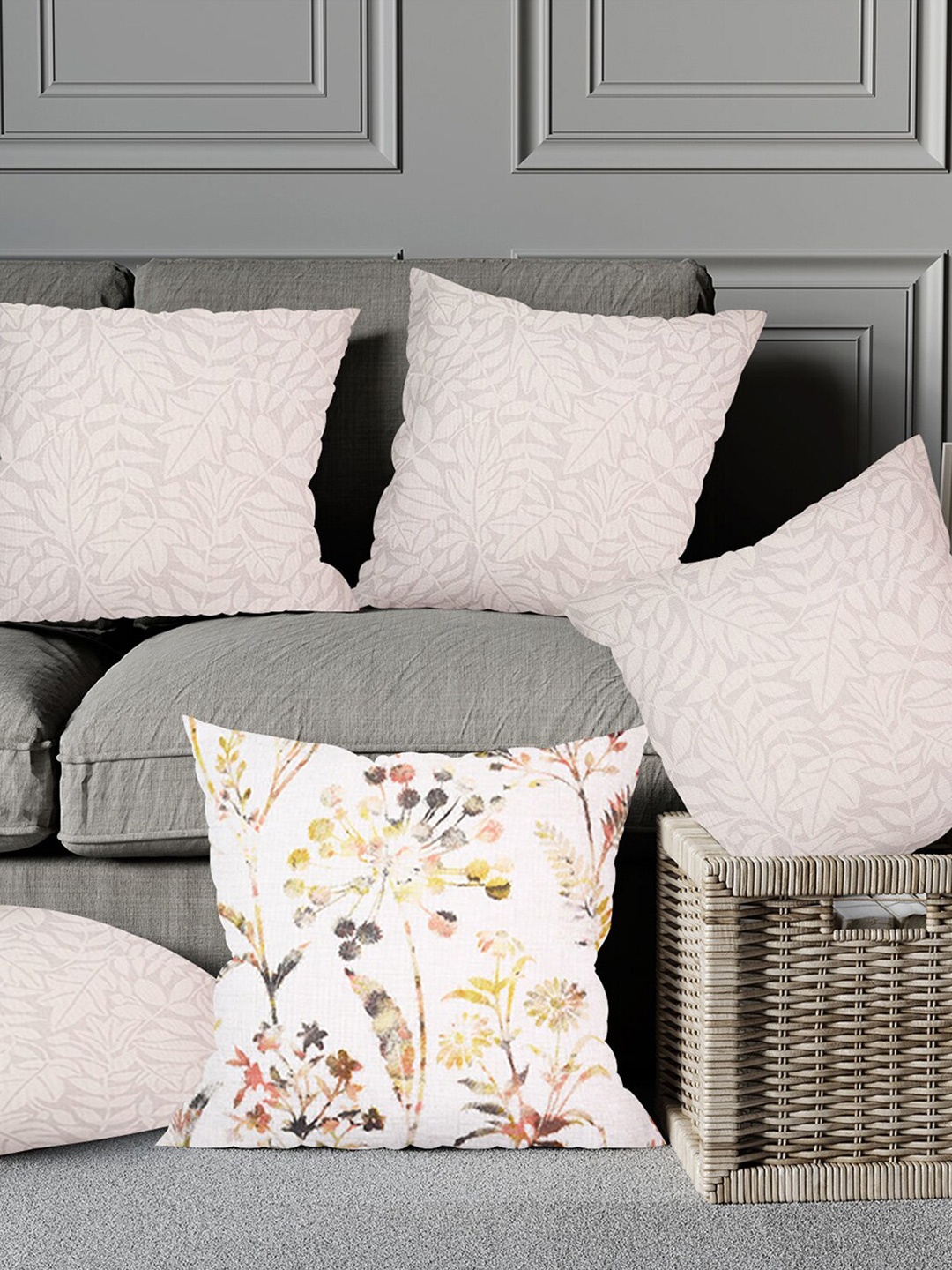 

Just Home Beige & Yellow 5 Pieces Floral Printed Pure Cotton Square Cushion Covers