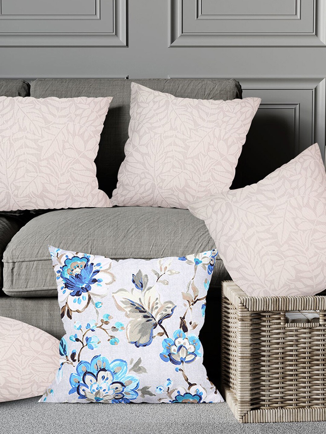 

Just Home Blue & Beige 5 Pieces Floral Printed Pure Cotton Square Cushion Covers