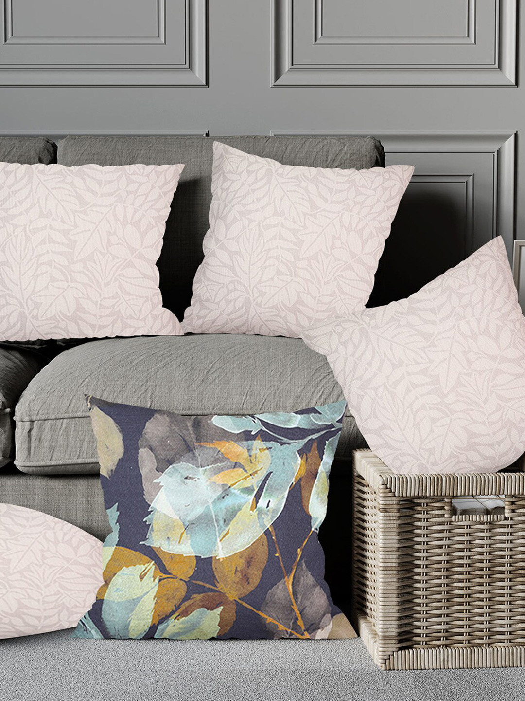 

Just Home Blue & Beige 5 Pieces Abstract Printed Pure Cotton Square Cushion Covers