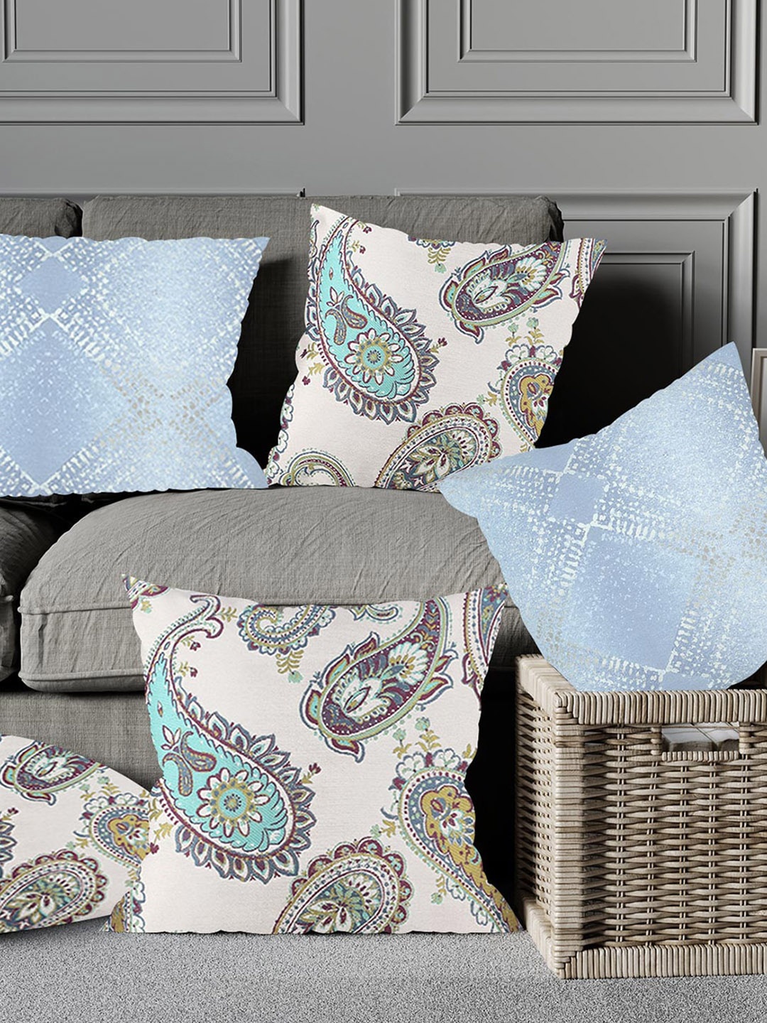 

Just Home Blue 5 Pieces Ethnic Motifs Printed Square Cushion Covers