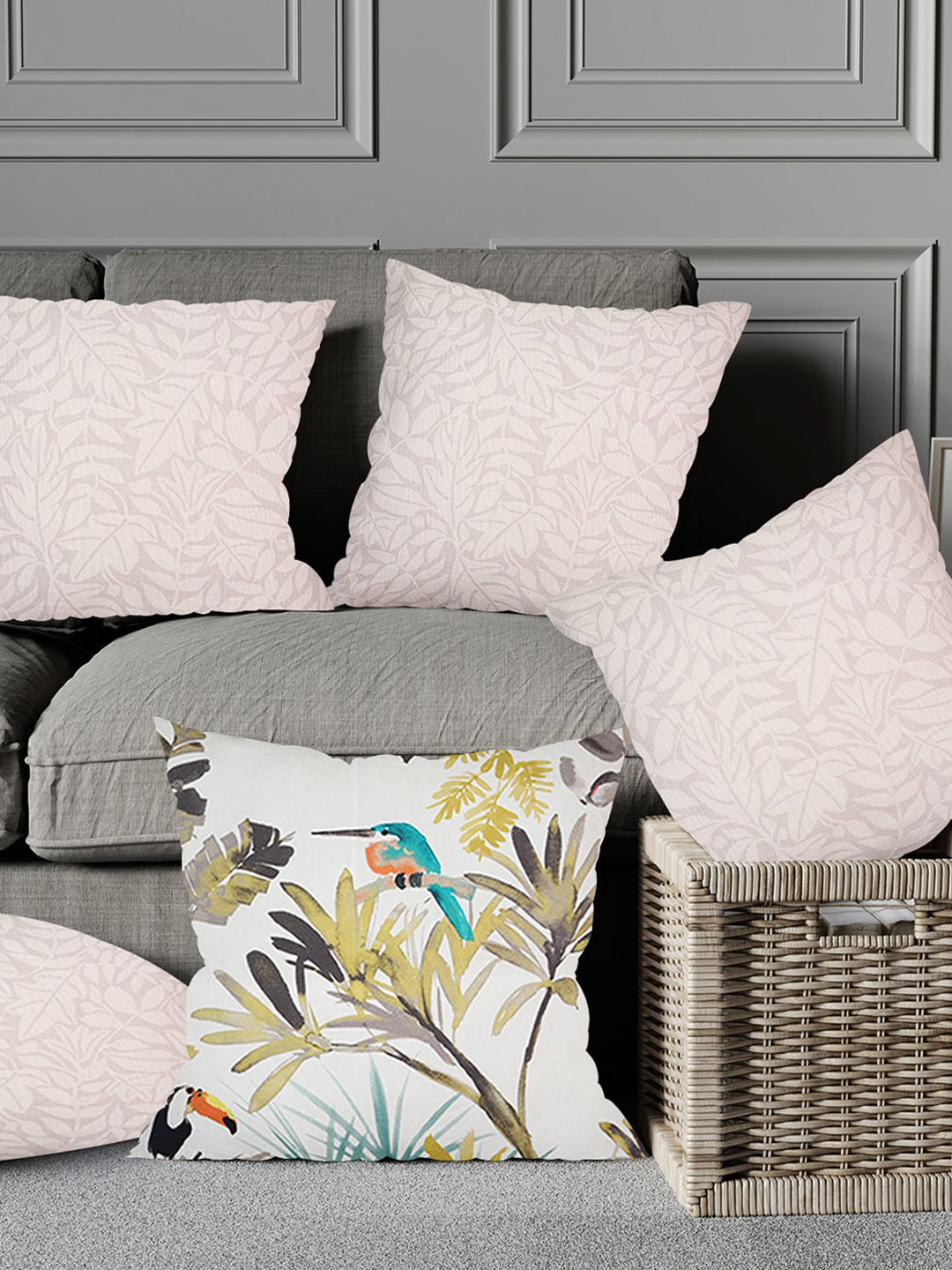 

Just Home Beige & Green 5 Pieces Floral Printed Pure Cotton Square Cushion Covers