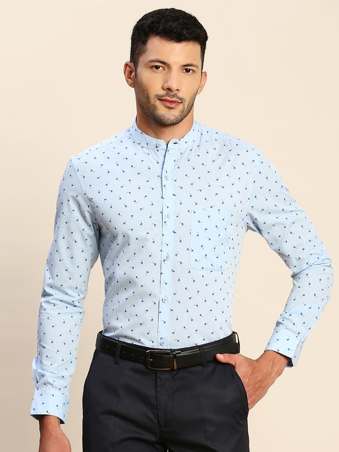 

INVICTUS Original Slim Fit Ethnic Motif Printed Pure Cotton Formal Shirt, Blue