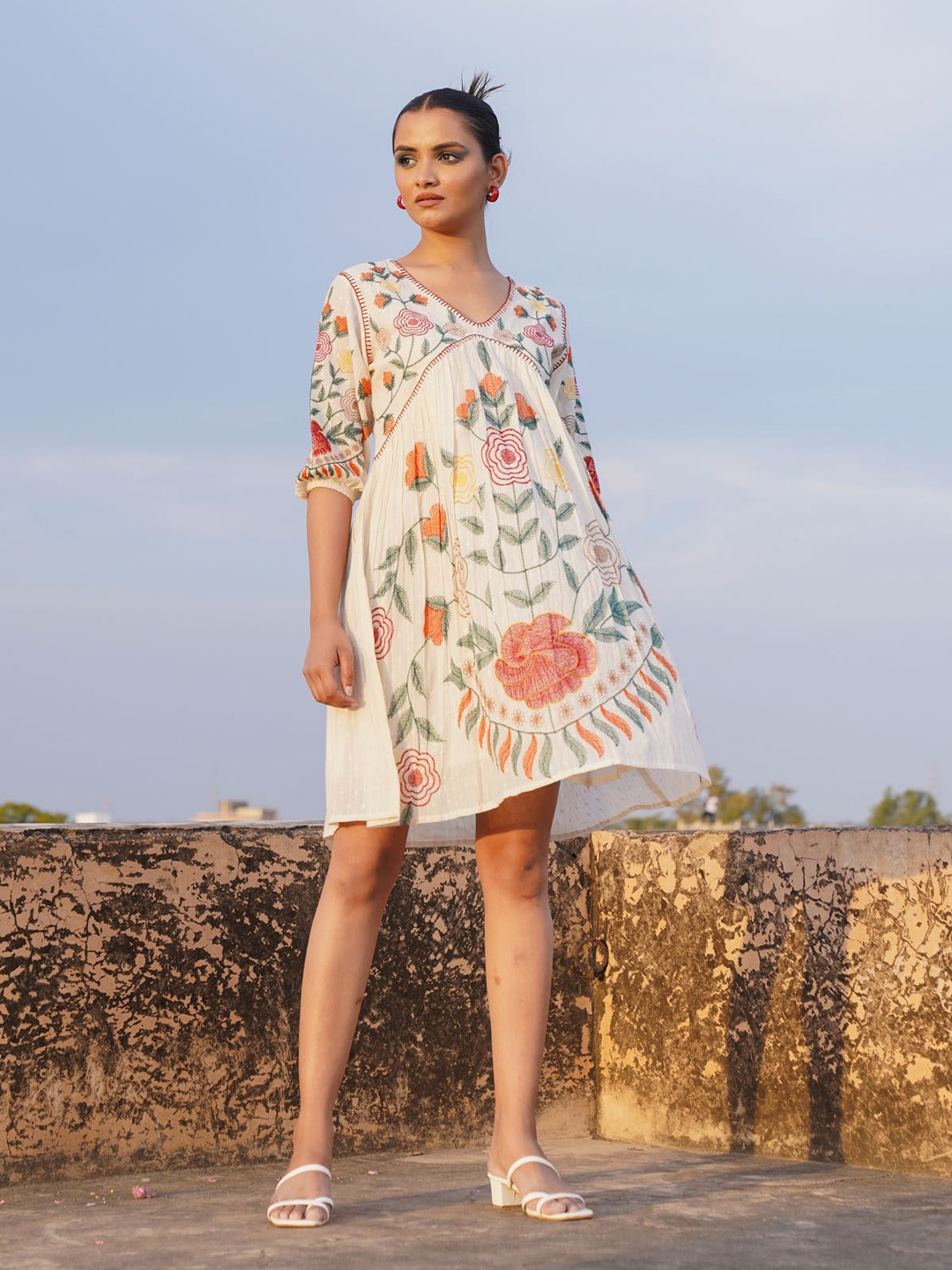 

FASHION DWAR Floral Embroidered V-Neck Pure Cotton A-Line Dress, Cream