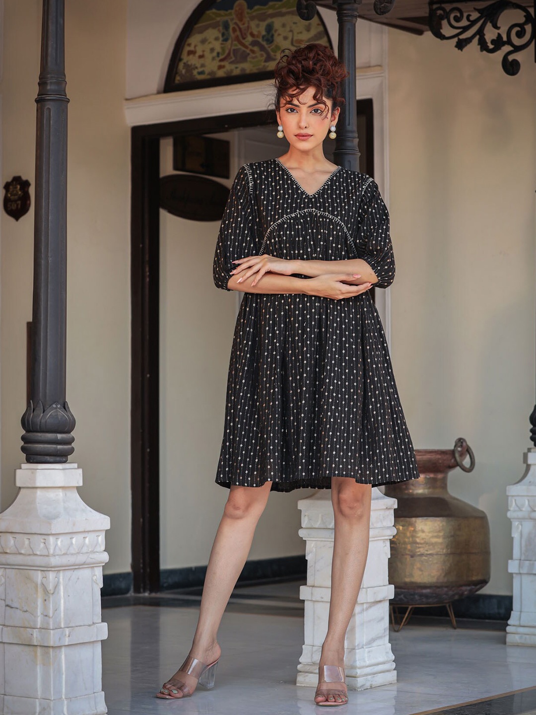 

FASHION DWAR V-Neck Embroidered Detailed Pure Cotton Empire Dress, Black
