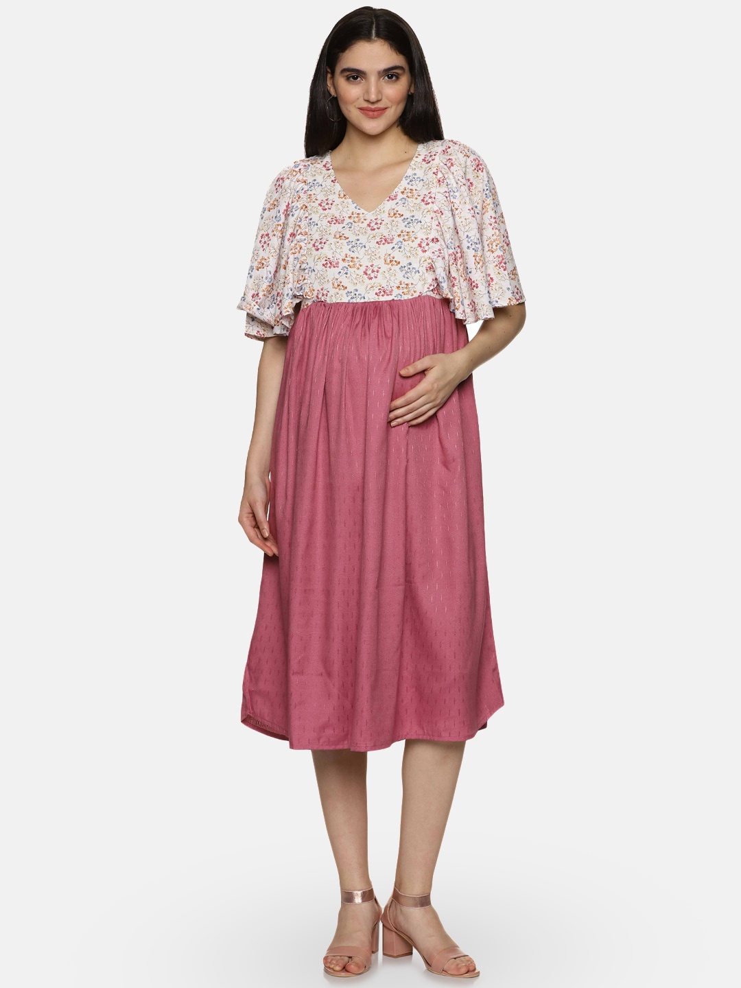 

CHARISMOMIC Floral Printed Flared Sleeves Maternity Fit & Flare Midi Dress, Purple
