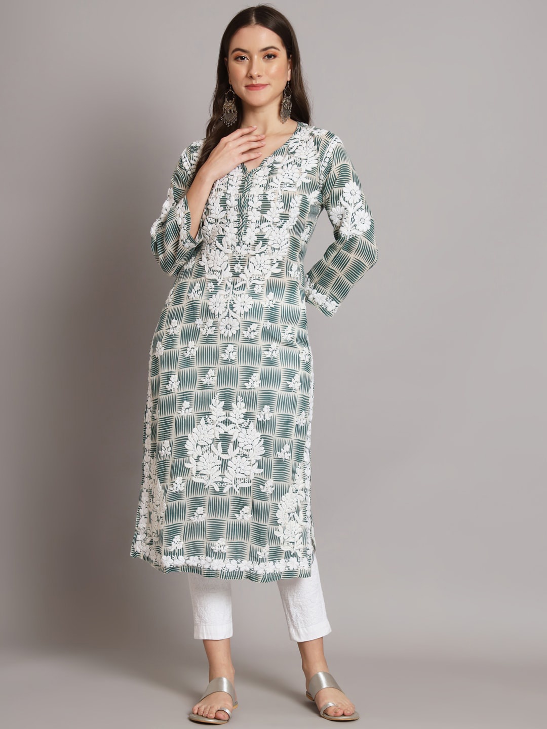 

PARAMOUNT CHIKAN Abstract Printed Chikankari Straight Mulmul Kurta, Beige