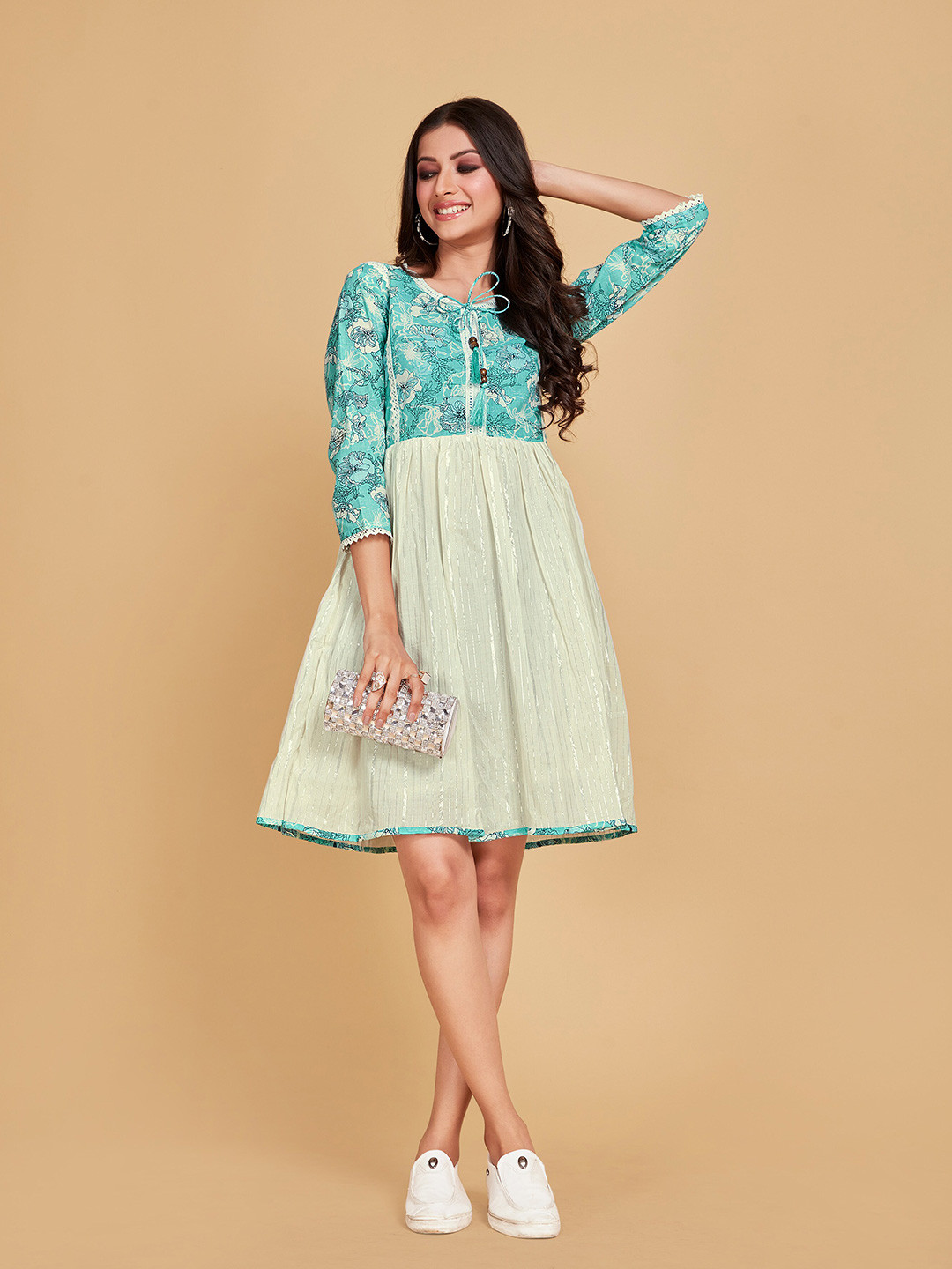 

Sangria Sea Green & White Floral Printed Tie-Up Neck Pure Cotton A-Line Dress, Off white