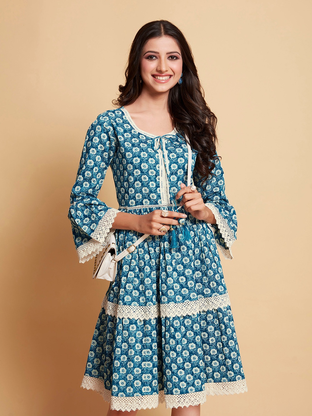

Sangria Teal Floral Printed V-Neck Tiered Pure Cotton Dress
