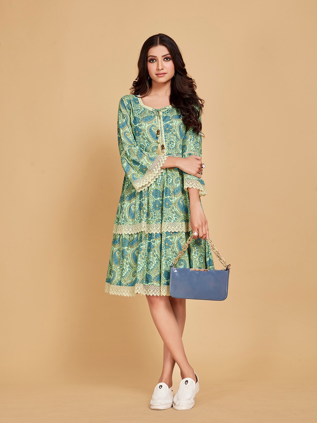 

Sangria Sea Green Ethnic Motifs Printed Tiered Pure Cotton Fit & Flare Dress