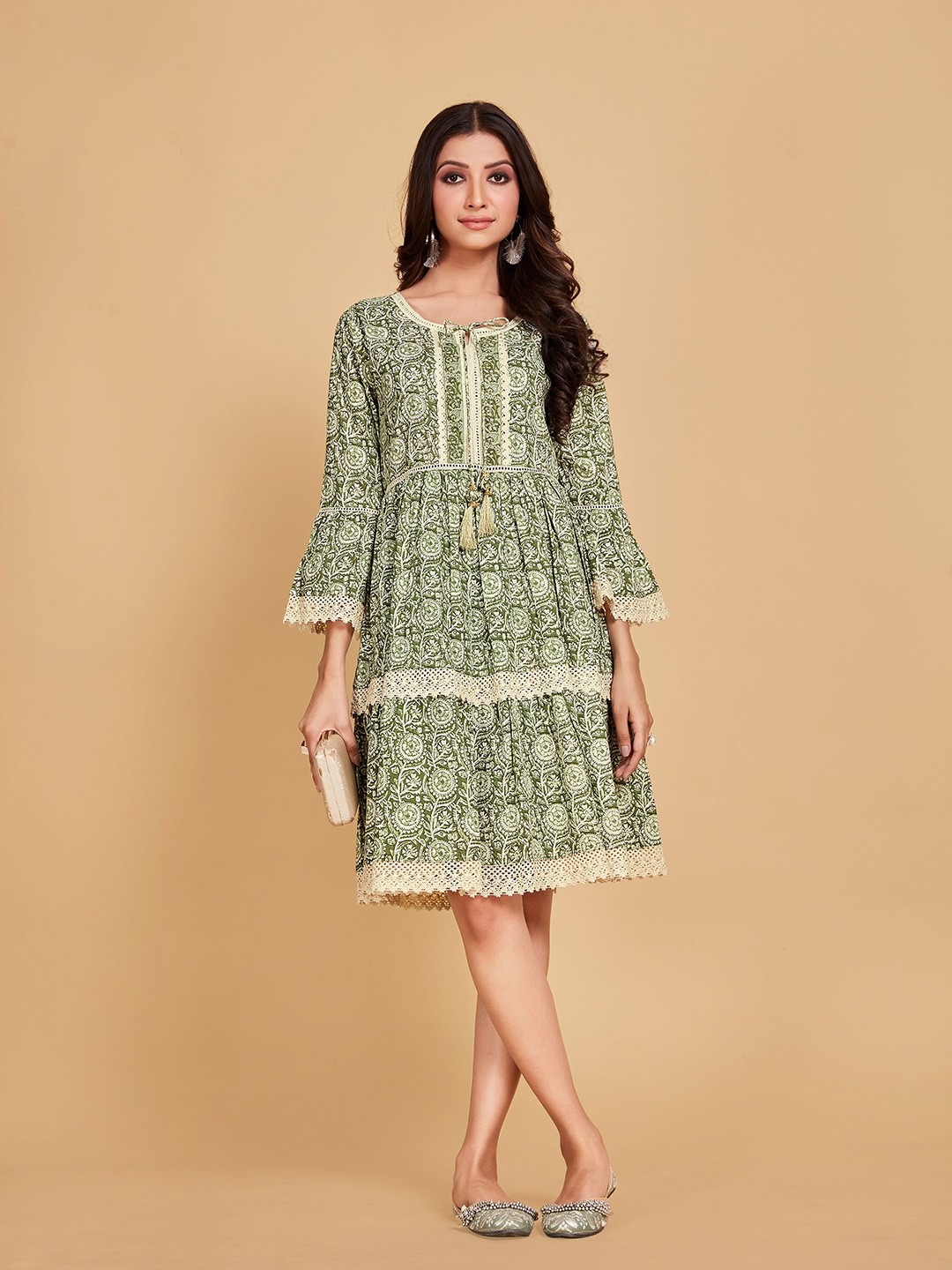 

Sangria Green Ethnic Motifs Printed Tiered Pure Cotton Fit & Flare Dress