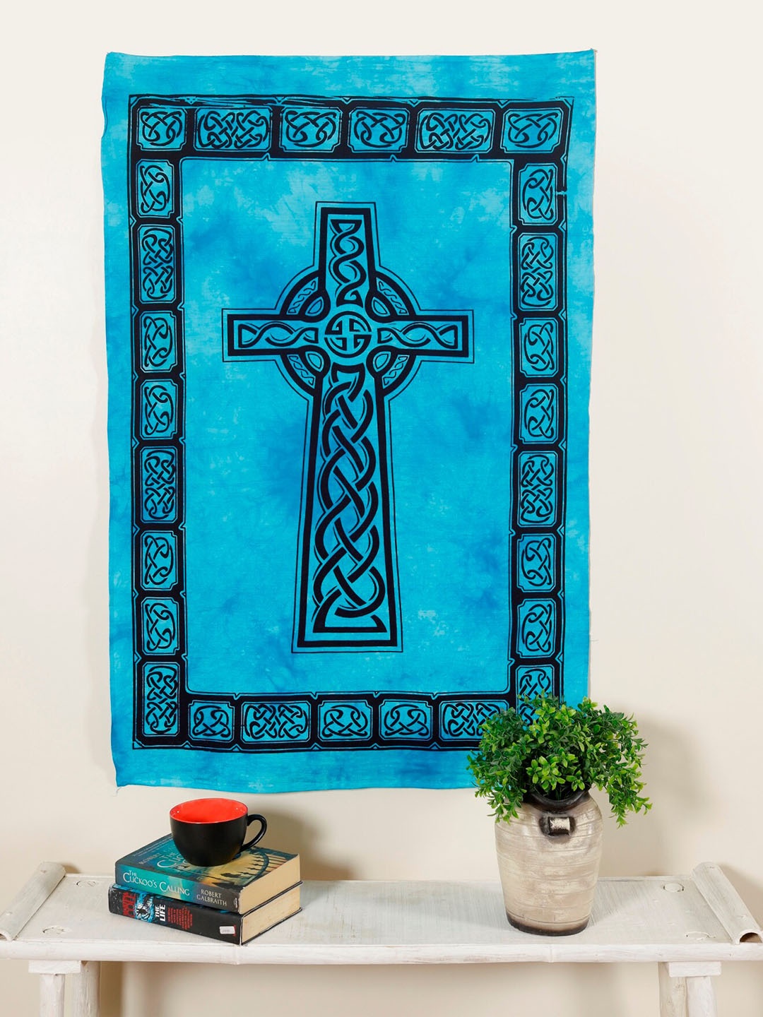 

HANDICRAFT PALACE Turquoise Blue Jesus Crucifix Printed Cotton Wall Hanging Tapestry