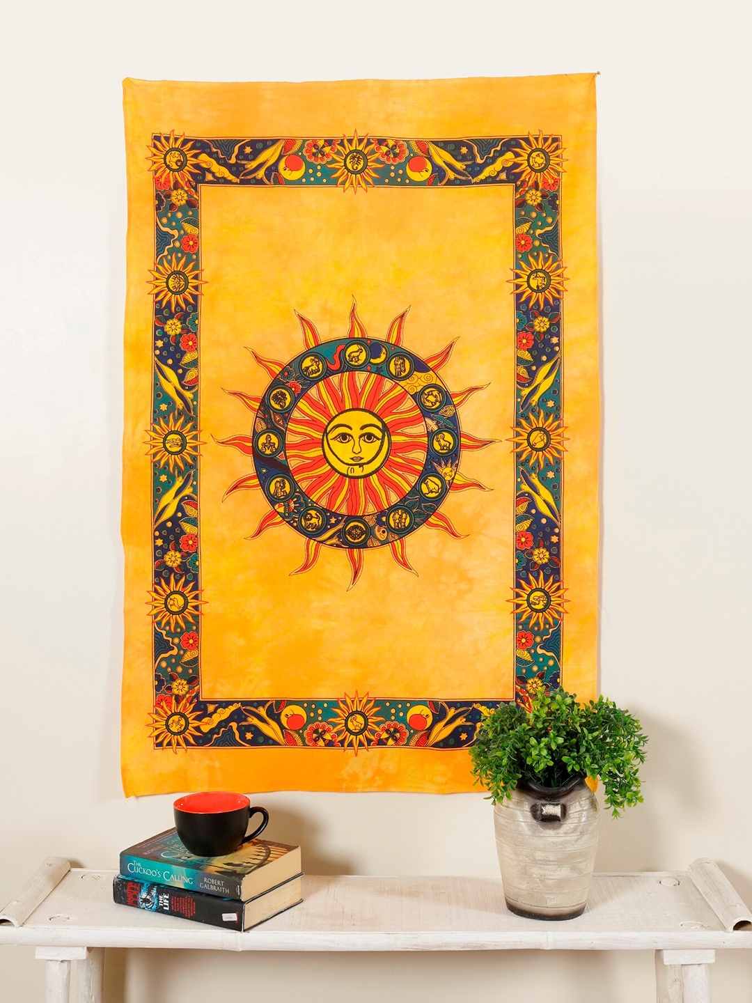 

HANDICRAFT PALACE Sun Astrology Printed Cotton Wall Hanging Tapestry, Yellow