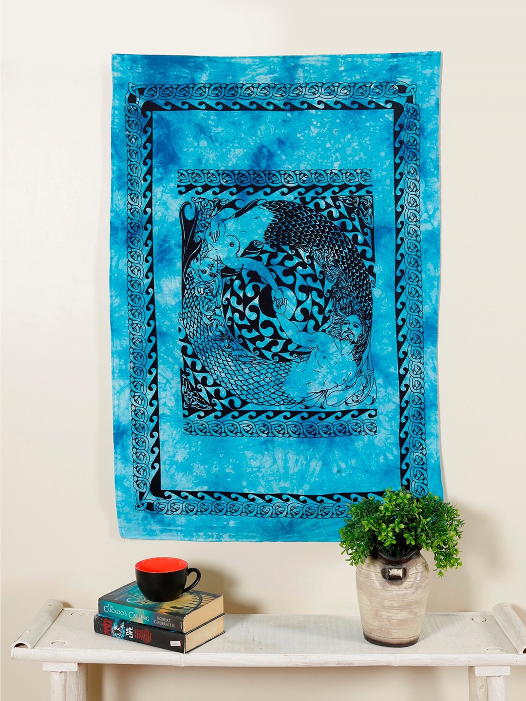 

HANDICRAFT PALACE Turquoise Blue & Black Mermaid Printed Cotton Wall Hanging Tapestry