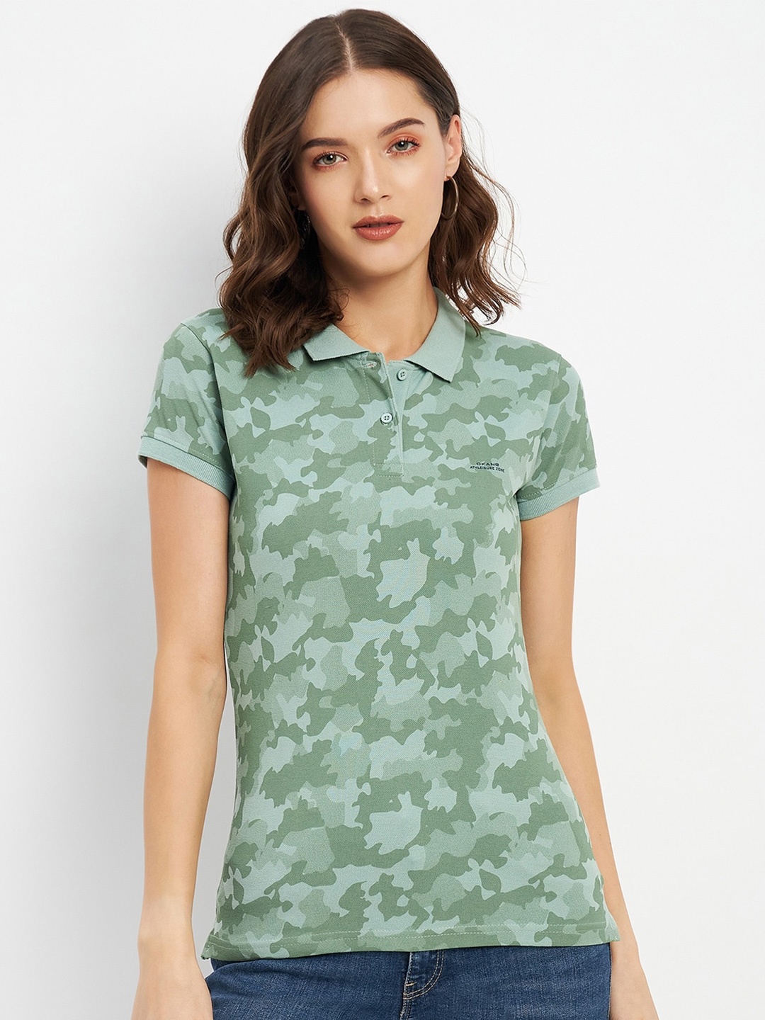 

Okane Camouflage Printed Polo Collar Cotton T-shirt, Green