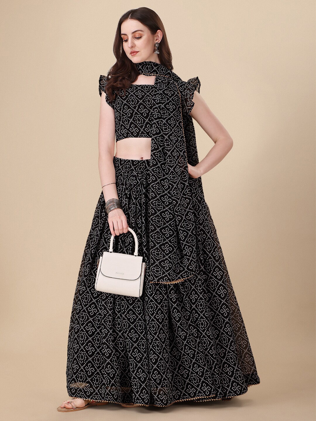 

Vaidehi Bandhani Printed Ready to Wear Lehenga & Unstitched Blouse With Dupatta, Black