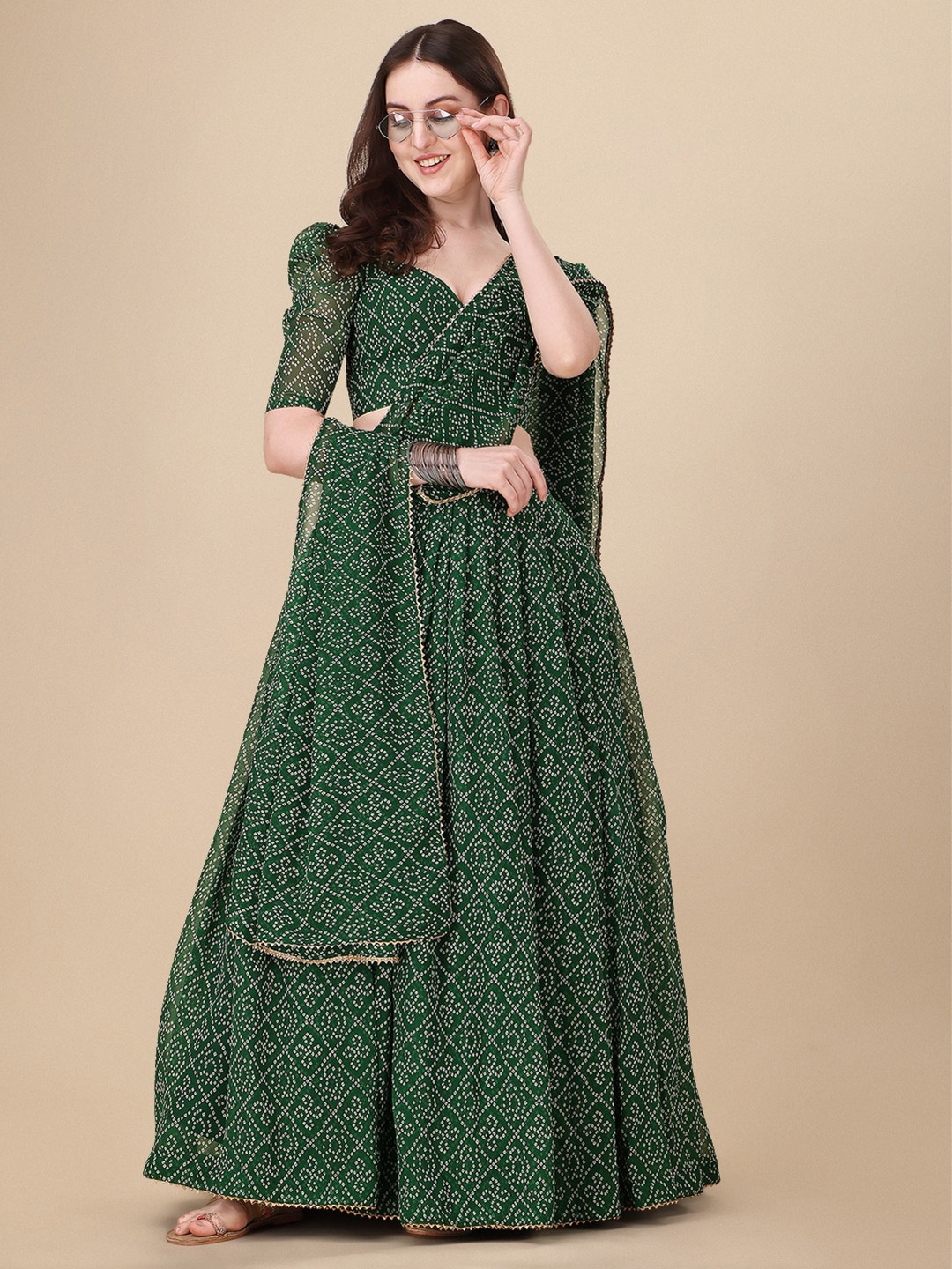 

Vaidehi Fashion Bandhani Printed Ready to Wear Lehenga & Unstitched Blouse With Dupatta, Green