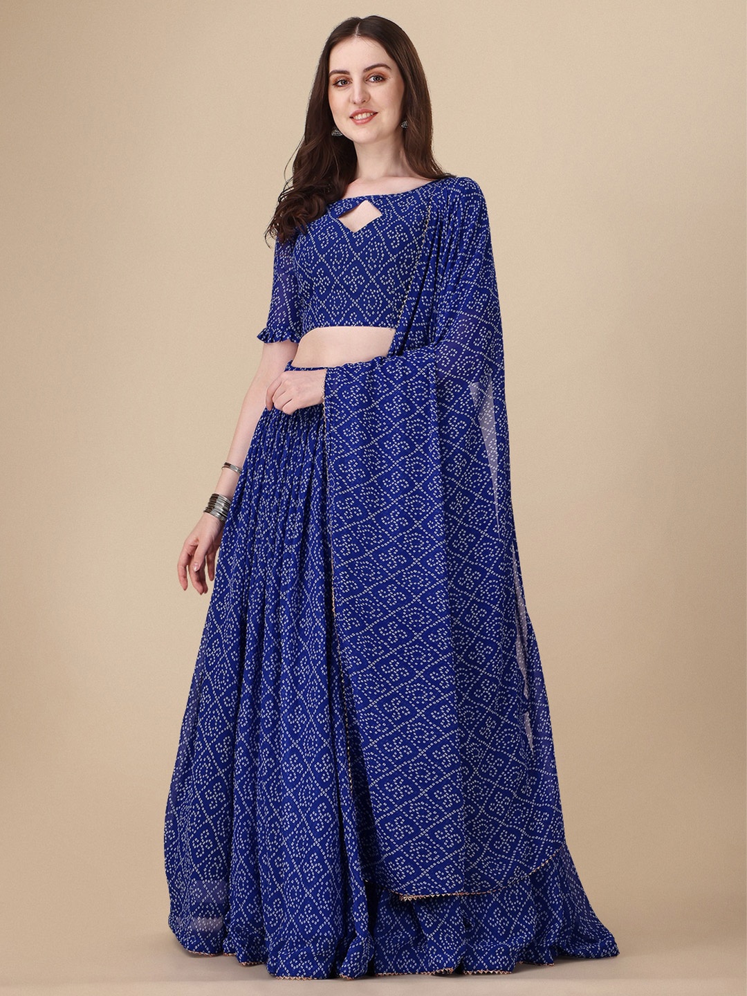 

Vaidehi Fashion Bandhani Printed Ready to Wear Lehenga & Unstitched Blouse With Dupatta, Blue