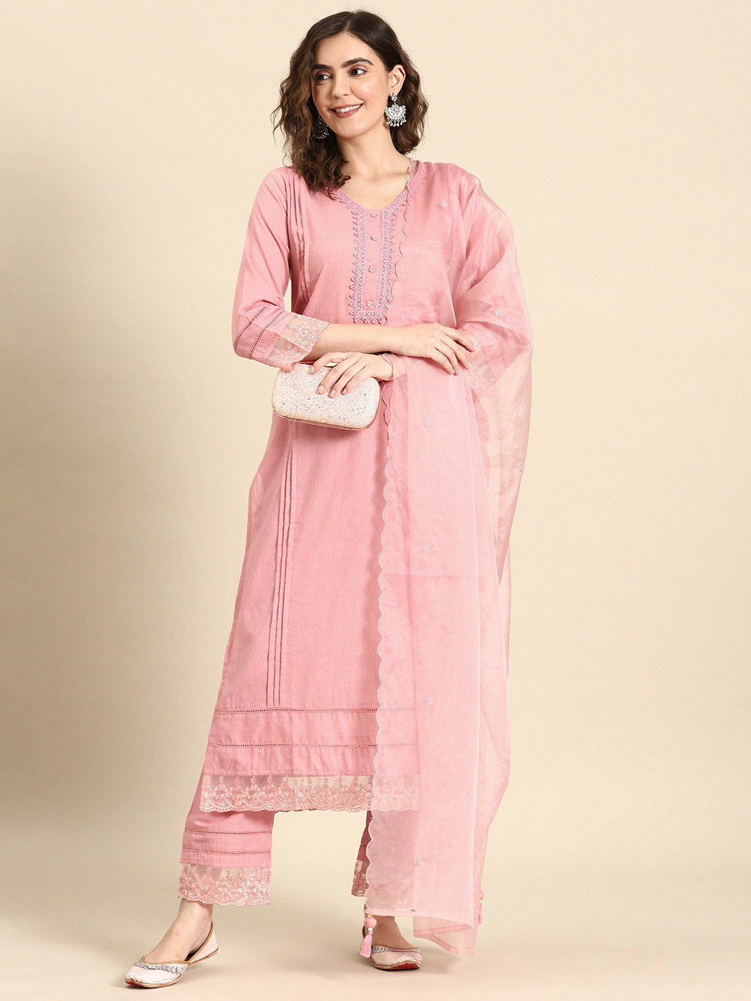 

Nayo Women Yoke Design Regular Pure Cotton Kurta with Trousers & With Dupatta, Pink
