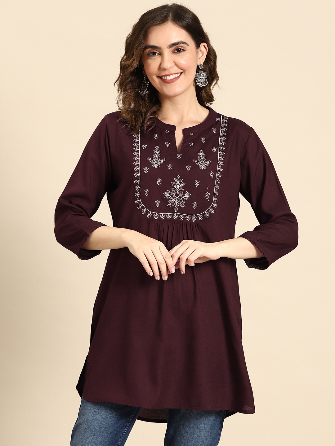 

Nayo Embroidered Cotton Ethnic Tunic, Maroon