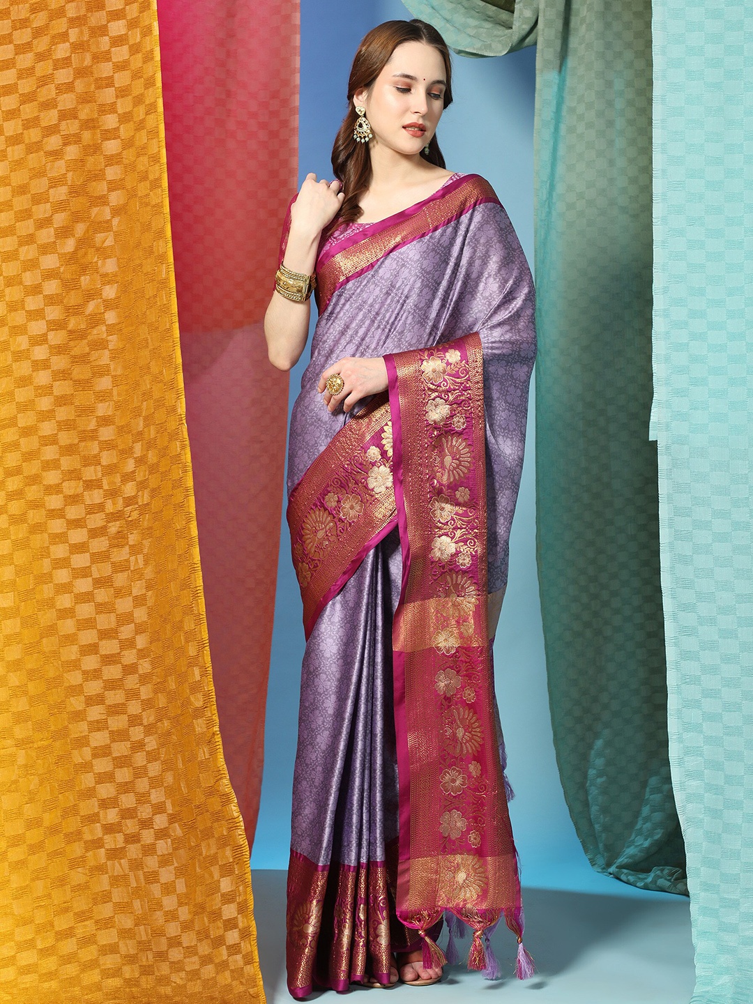 

PHEASANT Woven Design Zari Silk Cotton Saree, Lavender