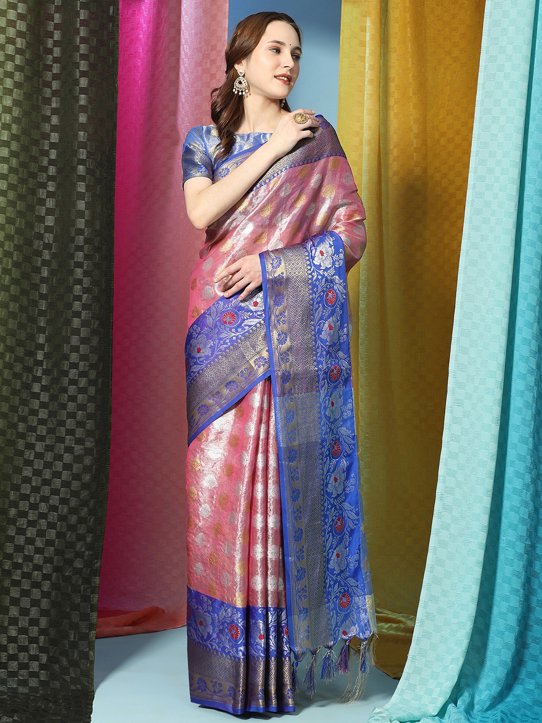 

PHEASANT Woven Design Zari Organza Saree, Pink