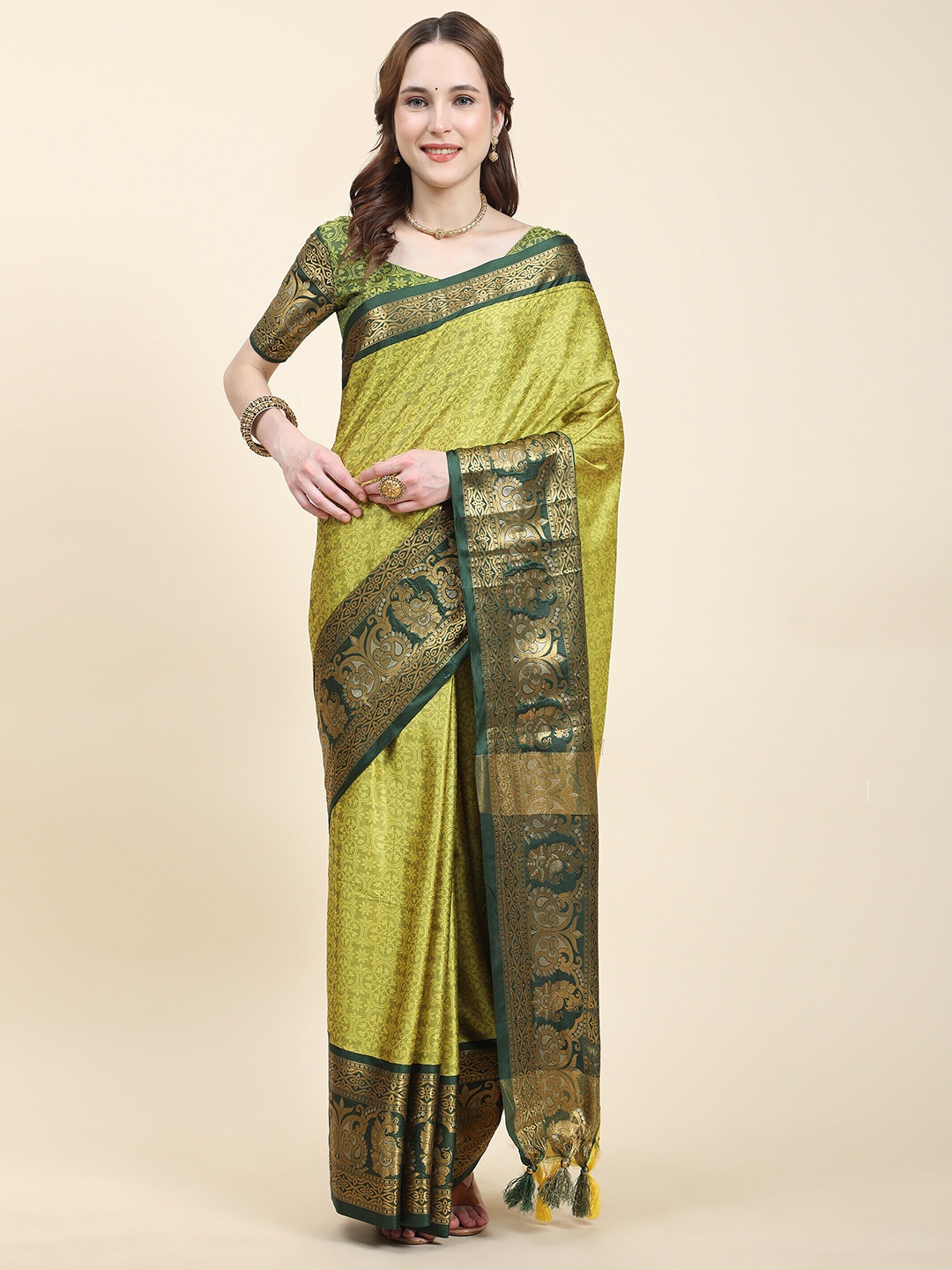 

PHEASANT Woven Design Zari Silk Cotton Saree, Green